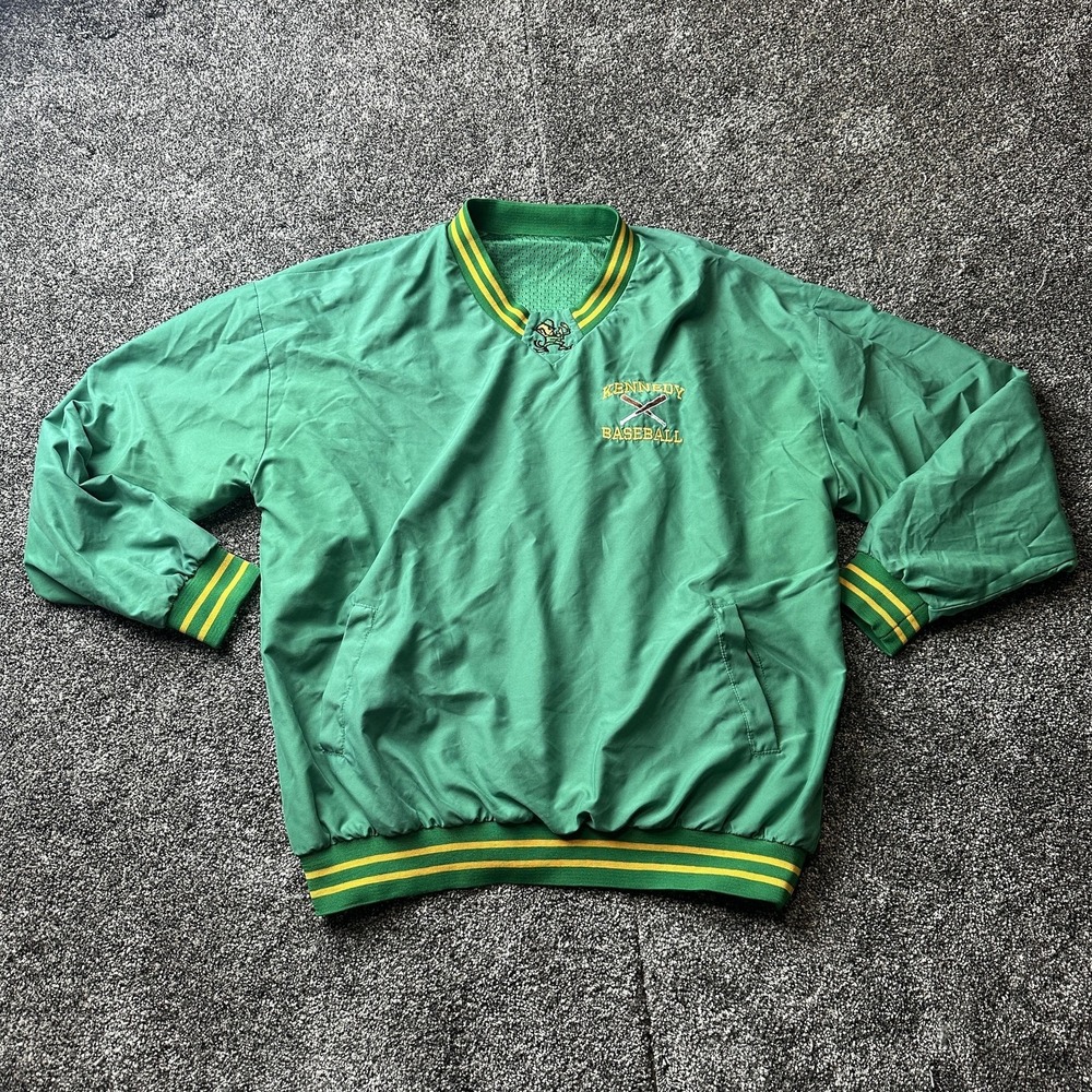 VTG Baseball Pullover Jacket Medium Green Polyester Embroidered Team Warmup‎ USA